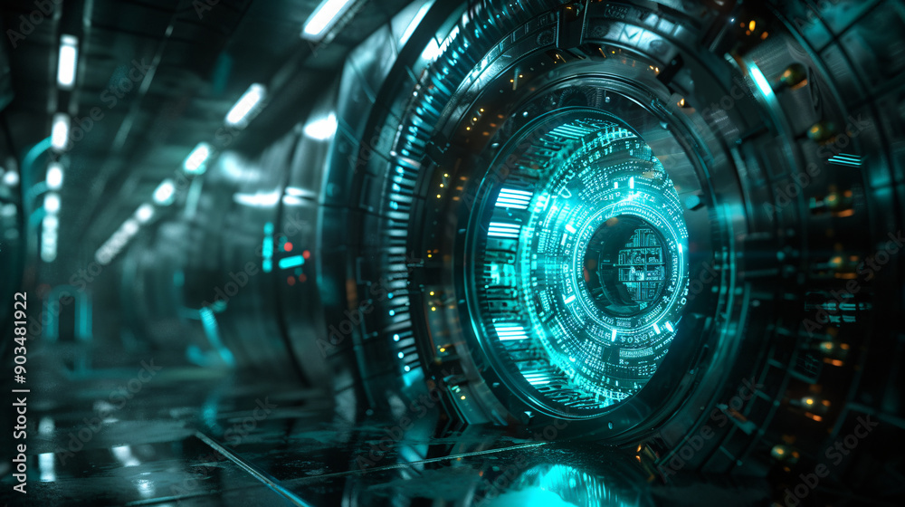 Secure Future Finances: Digital Artwork of Futuristic Bank Vault Protecting Blockchain Digital Currencies Secure Future Finances: Digital Artwork of Futuristic Bank Vault Protecting Blockchain Digital Currencies