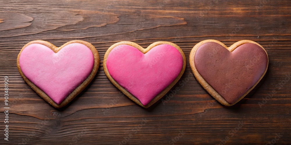 Three heart-shaped cookies in dark brown and pink colors, cookies, heart shape, cute, sweet, delicious, dessert, bakery