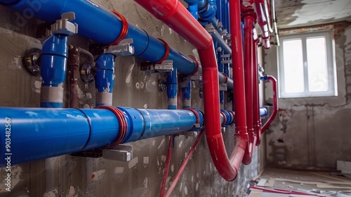 installation of a warm wall in a renovated apartment, a collector is installed on the wall, from which blue and red colored pipes come out