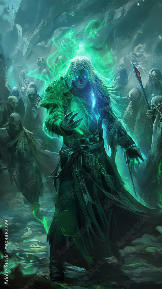 A mystical and ethereal scene depicts a powerful, otherworldly figure cloaked in dark, tattered robes. The character, with flowing white hair and glowing blue eyes, exudes an intense, otherworldly ene A mystical and ethereal scene depicts a powerful, otherworldly figure cloaked in dark, tattered robes. The character, with flowing white hair and glowing blue eyes, exudes an intense, otherworldly ene
