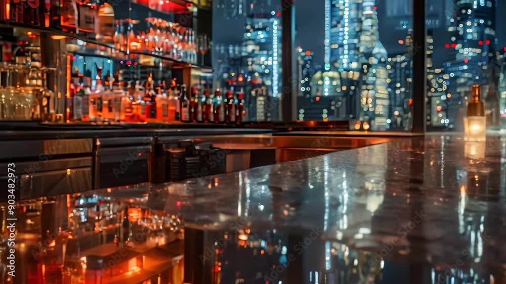 A bar showcasing a variety of alcohol bottles with city lights reflecting on the sleek bar counter, Reflections of city lights shimmering on a sleek bar A bar showcasing a variety of alcohol bottles with city lights reflecting on the sleek bar counter, Reflections of city lights shimmering on a sleek bar