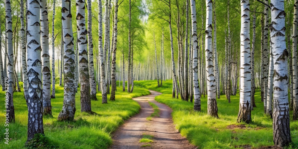 Fototapeta premium Birch forest with a winding trail , Nature, trees, trail, outdoors, serene, peaceful, woodlands, scenery, tranquil