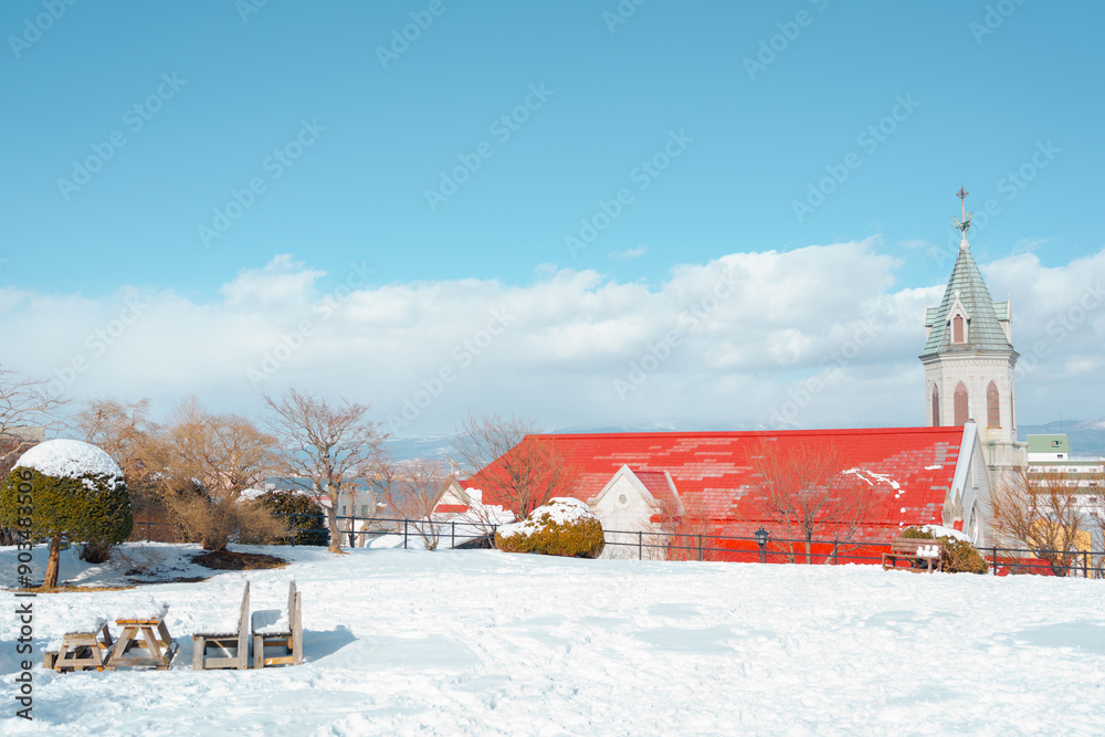 Hakodate Motomachi Church with winter snow in Hokkaido, Japan