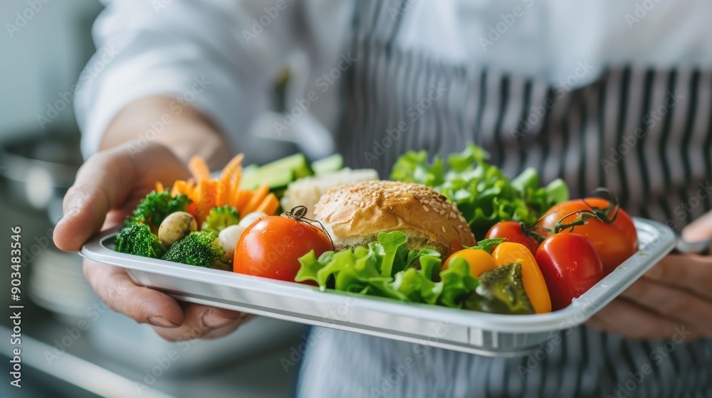Detailed close up photograph of an airline meal service tray being delivered to a passenger showcasing a balanced and fresh meal presentation with vegetables Detailed close up photograph of an airline meal service tray being delivered to a passenger showcasing a balanced and fresh meal presentation with vegetables