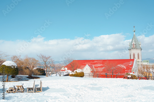 Obraz na płótnie Hakodate Motomachi Church with winter snow in Hokkaido, Japan w salonie