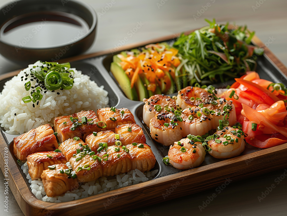 Grilled Salmon Donburi with Vegetables and Miso Soup Grilled Salmon Donburi with Vegetables and Miso Soup