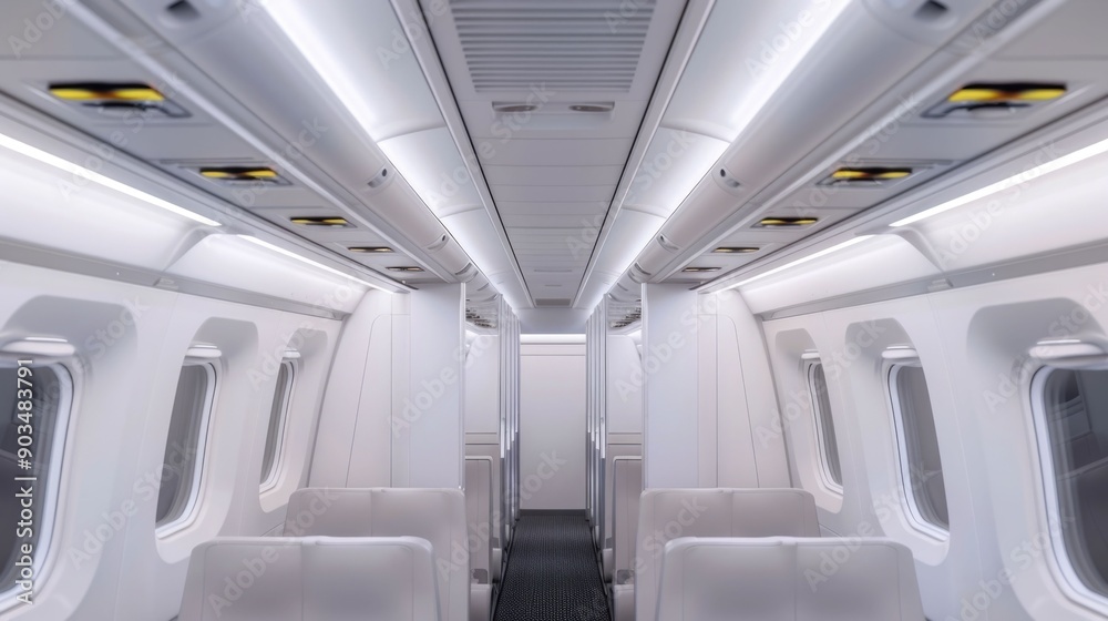 Fototapeta premium Overhead airplane storage compartments in a passenger cabin aircraft offering ample space and organization for stowing luggage and personal items during the flight