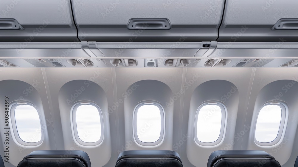 Overhead storage compartments being utilized by passengers in the interior cabin of a commercial airplane with a deep depth of field Overhead storage compartments being utilized by passengers in the interior cabin of a commercial airplane with a deep depth of field