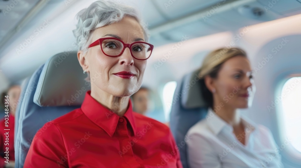 Helpful and professional flight attendant assisting a passenger with their needs in an airplane cabin interior with a friendly smile and caring demeanor Helpful and professional flight attendant assisting a passenger with their needs in an airplane cabin interior with a friendly smile and caring demeanor