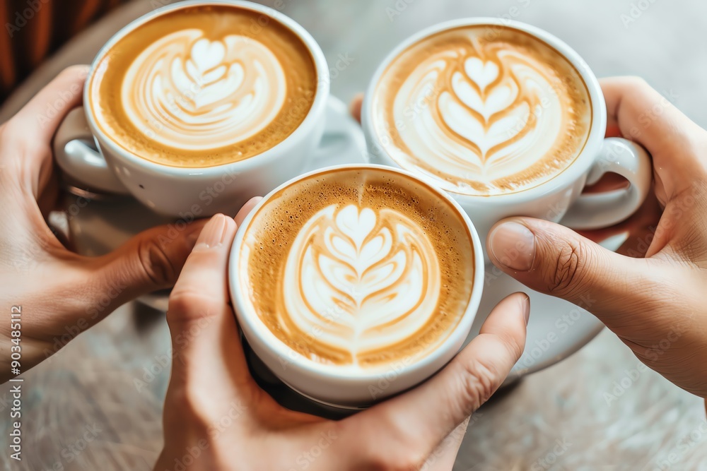© vilaiporn - Three hands holding cups of coffee with latte art in a cafe. Perfect for social gatherings, coffee lovers, and cozy settings.