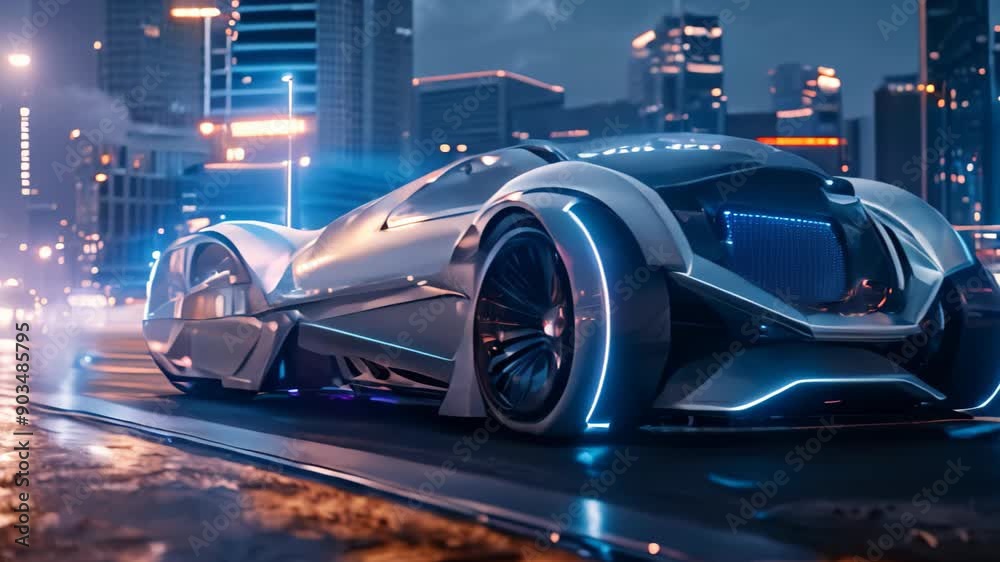 Futuristic Car Driving on City Street at Night, Render a futuristic ...