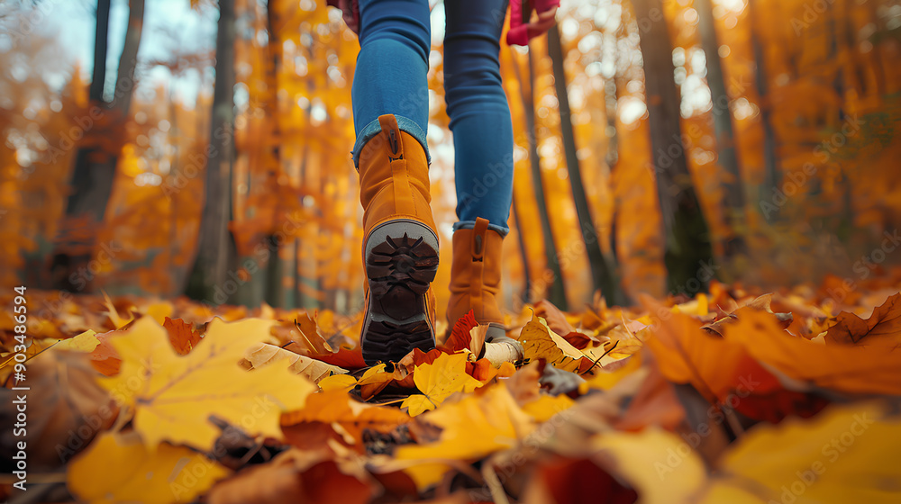 Woman walking through an autumn forest, with fallen leaves covering the ground and trees adorned in vibrant fall colors. Woman walking through an autumn forest, with fallen leaves covering the ground and trees adorned in vibrant fall colors.