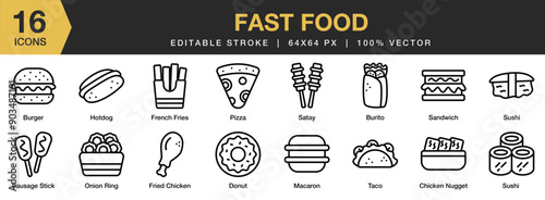 Fast Food icon set. Editable Stroke Icon Collection. Includes burger, burrito, donut, hotdog, satay, onion ring, taco, and More. Outline icons vector collection.