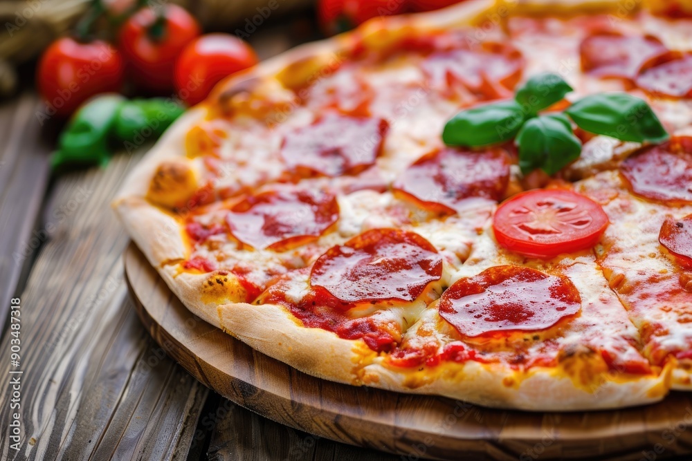 A freshly baked pepperoni pizza with melted cheese, tomato sauce, and a sprinkle of fresh basil sits on a wooden table A freshly baked pepperoni pizza with melted cheese, tomato sauce, and a sprinkle of fresh basil sits on a wooden table