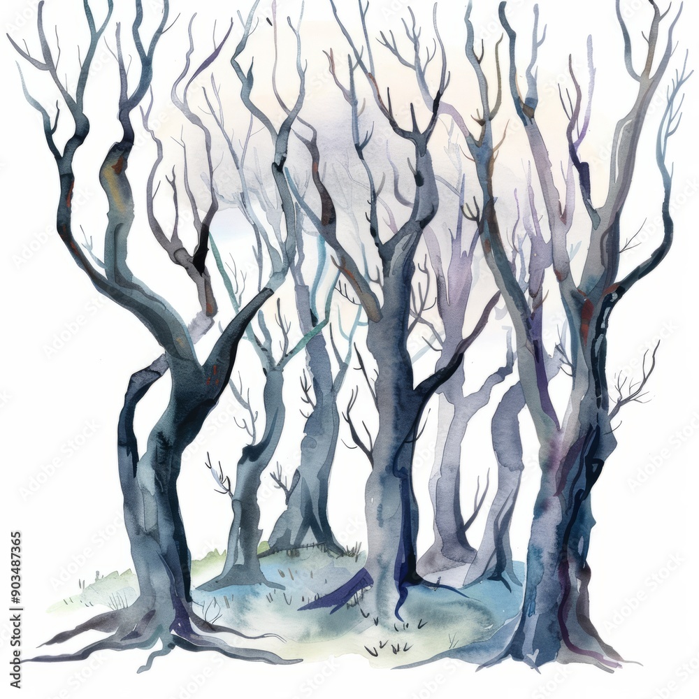 Naklejka premium Watercolor painting of a mystical forest with twisted trees, on isolated white background, Generative AI