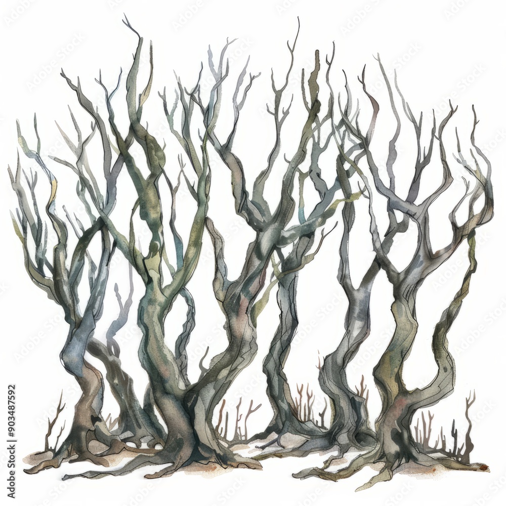 Naklejka premium Watercolor painting of a mystical forest with twisted trees, on isolated white background, Generative AI