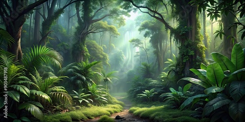 Fototapeta Naklejka Na Ścianę i Meble -  Moody deep forest scenic view with dense jungle environment, moody, deep, forest, scenic, view, jungle, environment, background