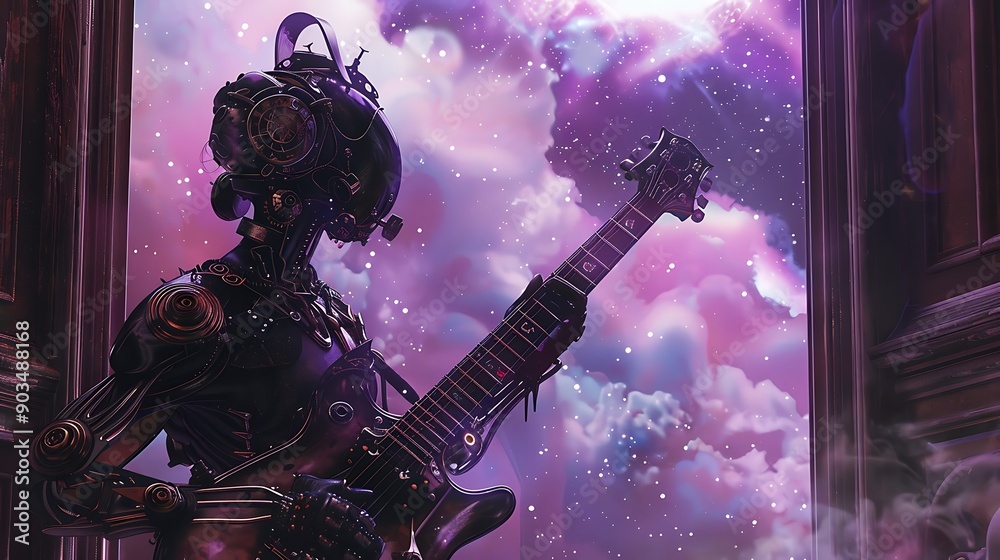 Obraz premium Robot Guitarist Gazes at a Cosmic Sky Through a Window.