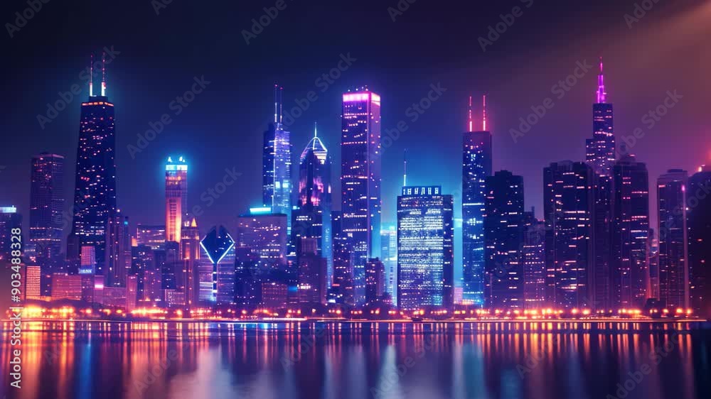 A city skyline bustling with vibrant energy, illuminated by bright ...