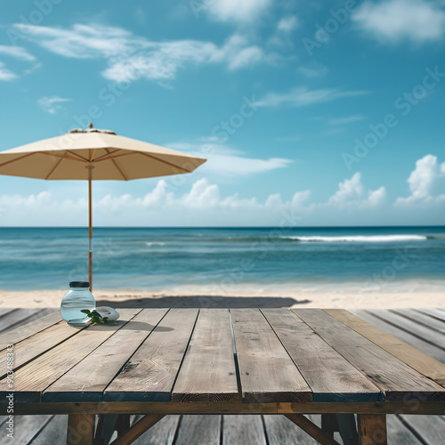 Wood table set summer blerred beach background. photo