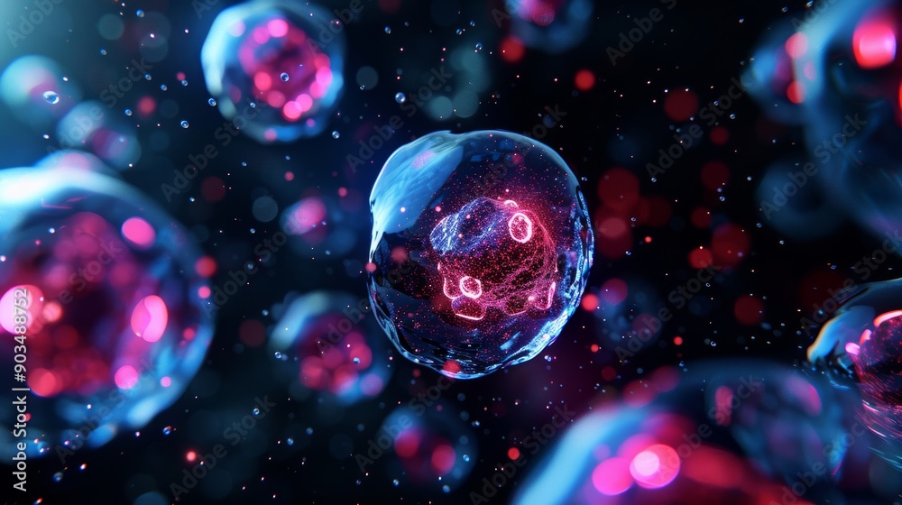 A microscope close-up of cell structures with glowing details, rendered in watercolor style. A microscope close-up of cell structures with glowing details, rendered in watercolor style.