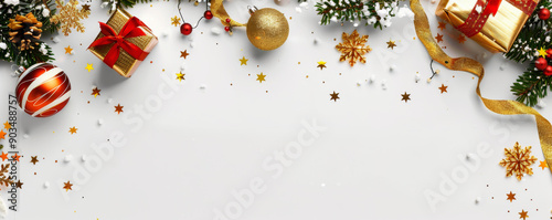 Festive Christmas banner web poster, header for website, colorful decorative decorations. Horizontal format New Year border poster. Xmas holiday background