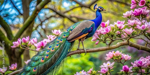 peacock perched elegantly on a magnolia tree branch, peacock,magnolia tree, branch, wallpaper, elegant, vivid, colorful, feathers photo