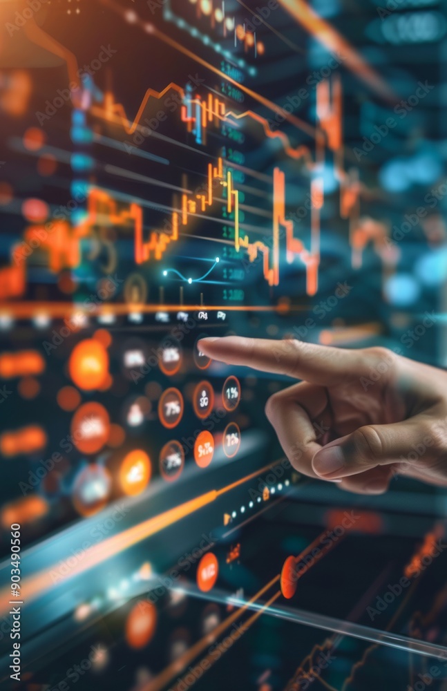 A close-up of a hand interacting with a futuristic digital financial interface, showcasing various data charts and icons, highlighting modern technology and innovation in finance. A close-up of a hand interacting with a futuristic digital financial interface, showcasing various data charts and icons, highlighting modern technology and innovation in finance.
