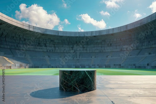 Cylindric podium on an arena world football stadium green field stadium with generative ai photo