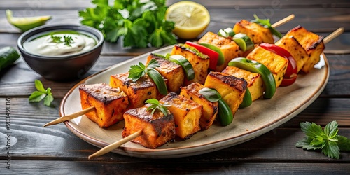 Grilled paneer tikka on skewers, a popular Indian appetizer , paneer, tikka, Indian, cuisine, vegetarian, grill, spicy photo