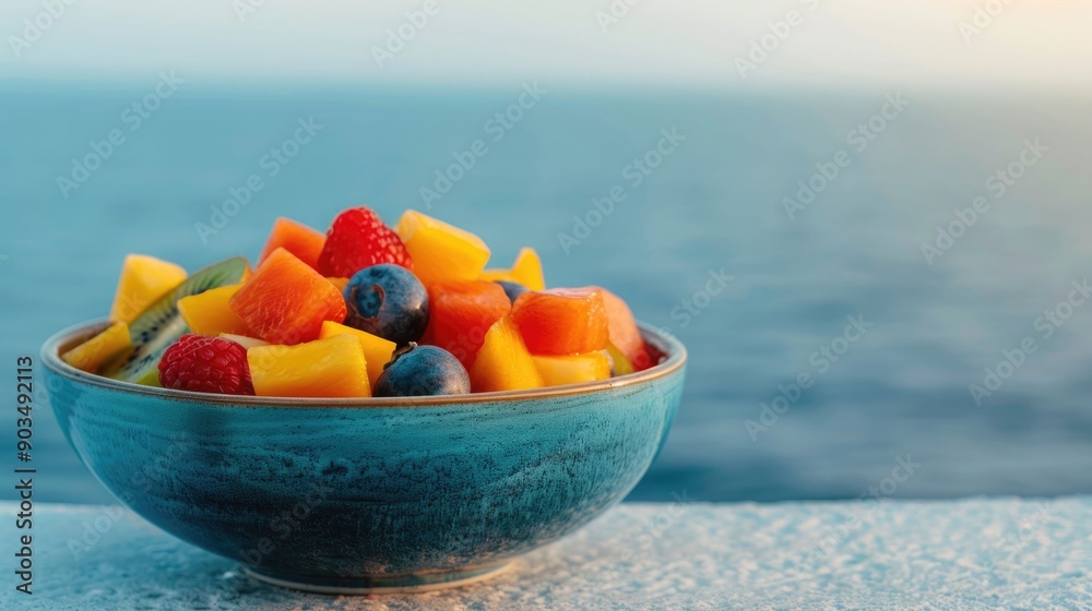 Freshly Sliced Papaya and Tropical Fruit in a Colorful Bowl Placed at the Water s Edge by the Serene Ocean Backdrop Freshly Sliced Papaya and Tropical Fruit in a Colorful Bowl Placed at the Water s Edge by the Serene Ocean Backdrop