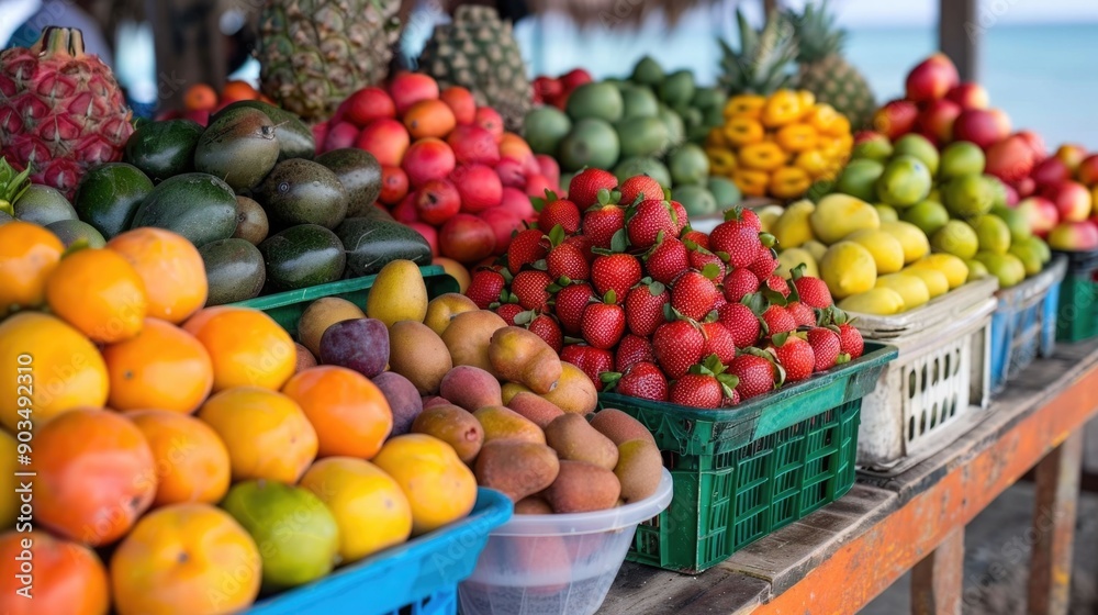 Vibrant and colorful tropical fruits on display at a lively beachside market stall offering a wide variety of fresh produce for sale to customers Vibrant and colorful tropical fruits on display at a lively beachside market stall offering a wide variety of fresh produce for sale to customers