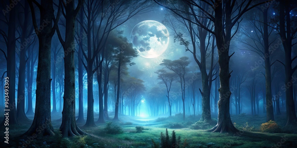 Obraz premium Dark and mysterious forest illuminated by moonlight , night, trees, shadows, nature, eerie, spooky, wilderness, moon
