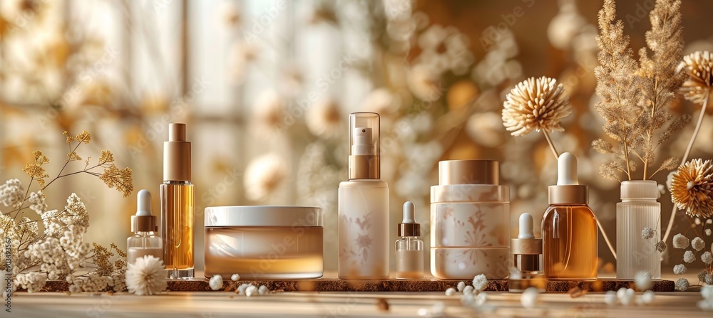 Elegant Skincare Products Displayed on a Table with Floral Decor Elegant Skincare Products Displayed on a Table with Floral Decor