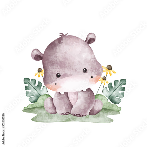 Watercolor Illustration Hippo and Tropical Leaves