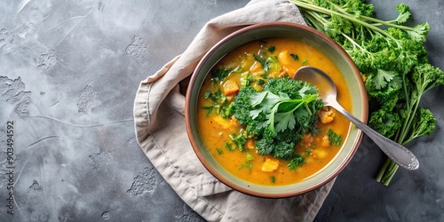 Cozy bowl of seasonal soup with leafy greens, parsley, and thyme, soup, stew, seasonal, ingredients, metal bowl, leafy greens photo