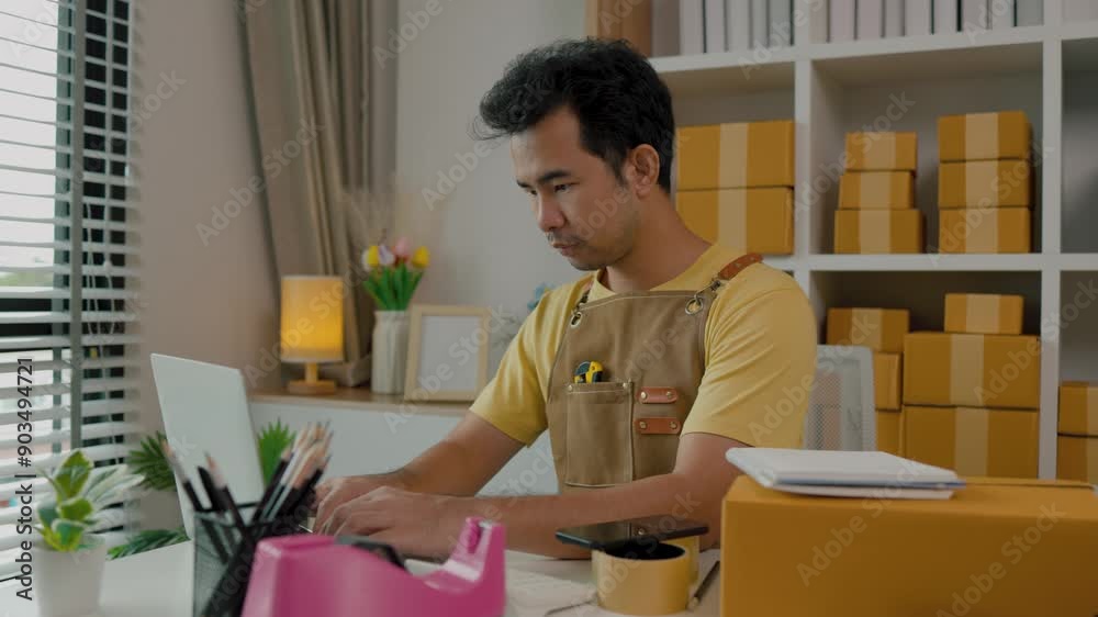 An entrepreneur is running his online small business, his preparation helped him a lot in filling out the information on the parcel, written to sort the order of products in the package. An entrepreneur is running his online small business, his preparation helped him a lot in filling out the information on the parcel, written to sort the order of products in the package.
