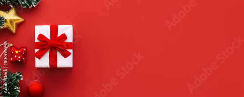 Festive Christmas banner web poster, header for website, colorful decorative decorations. Horizontal format New Year border poster. Xmas holiday background