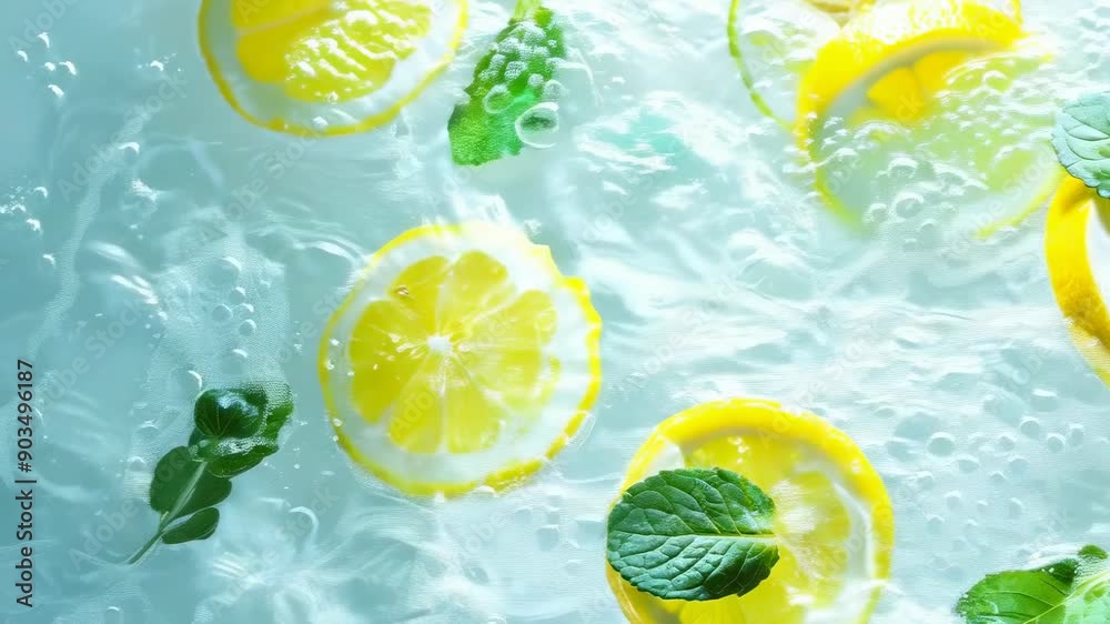 Fresh lemon slices and mint leaves float and splash in clear water on a sunny day. The bright yellow of the lemons and the vibrant green of the mint create a refreshing feel, symbolizing summer and