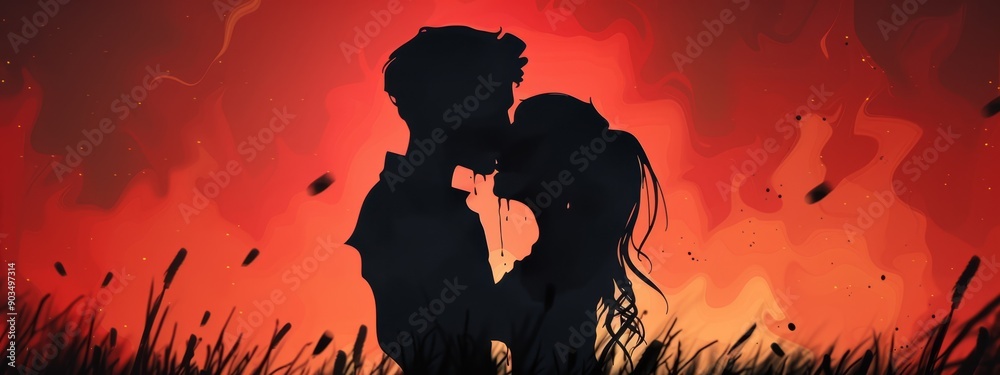 Man and woman silhouetted, kissing before an orange-red sunset Grass in foreground Man and woman silhouetted, kissing before an orange-red sunset Grass in foreground