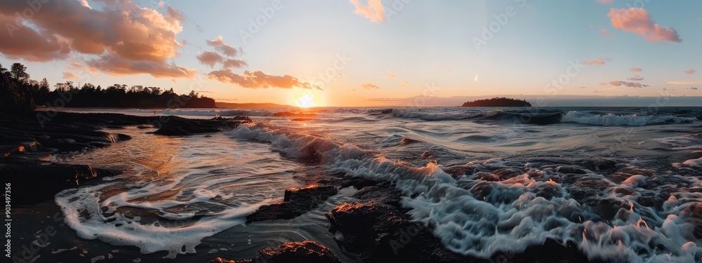 The sun sets over the ocean; waves crash before rocky shore, revealing a small island in distance The sun sets over the ocean; waves crash before rocky shore, revealing a small island in distance