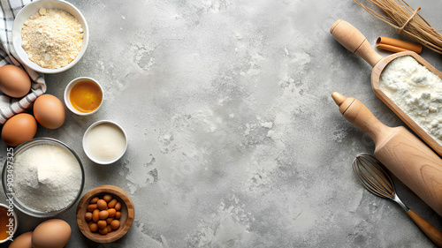 Flour, sugar, eggs and rolling pin at light stone table. Baking background ingredients. Top view with copy space