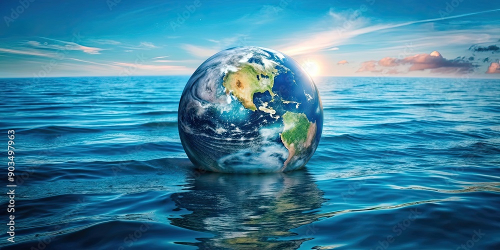 Surreal image of planet Earth sunk in water , World Water Day, environment, climate change, global warming Surreal image of planet Earth sunk in water , World Water Day, environment, climate change, global warming