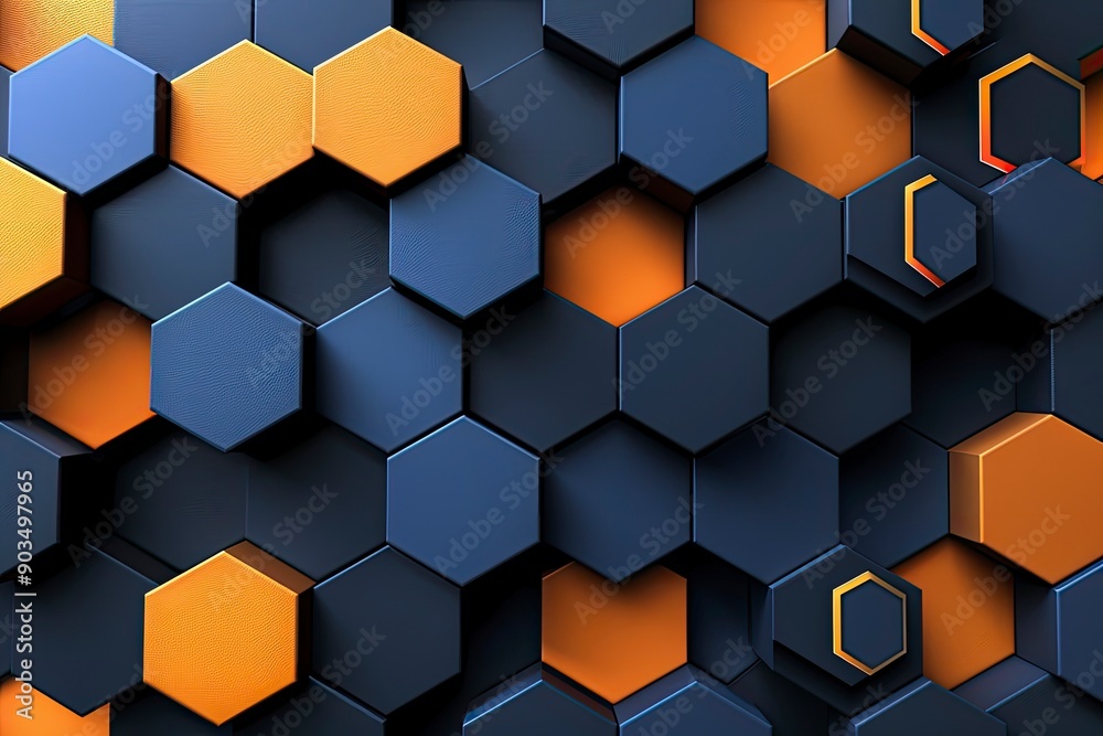 Black blue and orange hexagons background pattern 3D rendering with generative ai