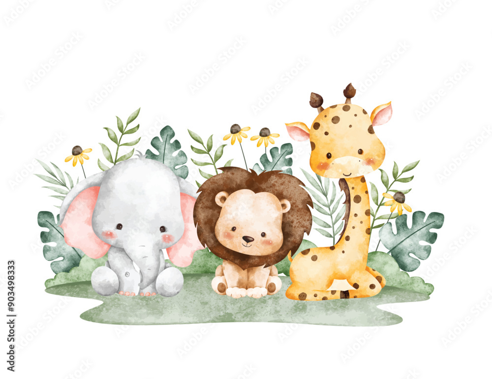 Naklejka premium Watercolor Illustration Safari Animals and Tropical Leaves