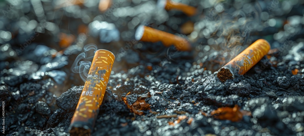 Cigarette Butts on Polluted Soil with Smoke in Background Stock Photo ...