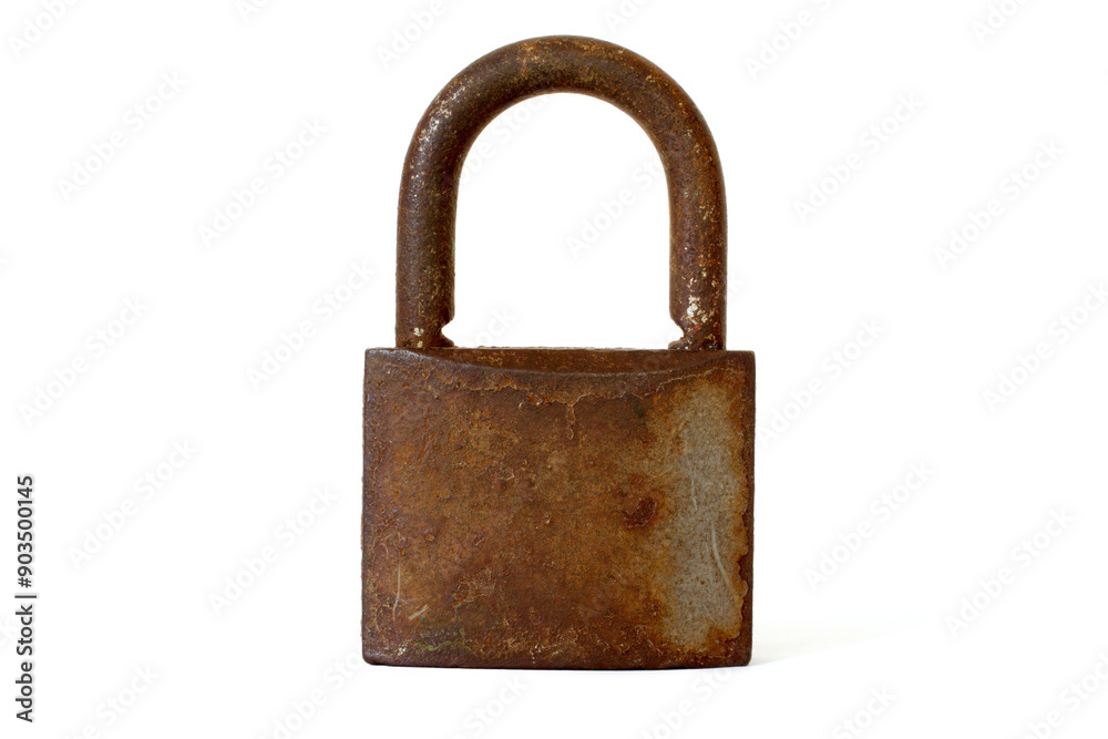 Rusty padlock isolated on white background. A close-up of a rusty iron padlock. Rusty padlock isolated on white background. A close-up of a rusty iron padlock.
