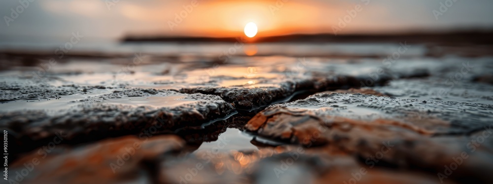 The sun sets over a body of water, with rocks in the foreground and water in the background The sun sets over a body of water, with rocks in the foreground and water in the background