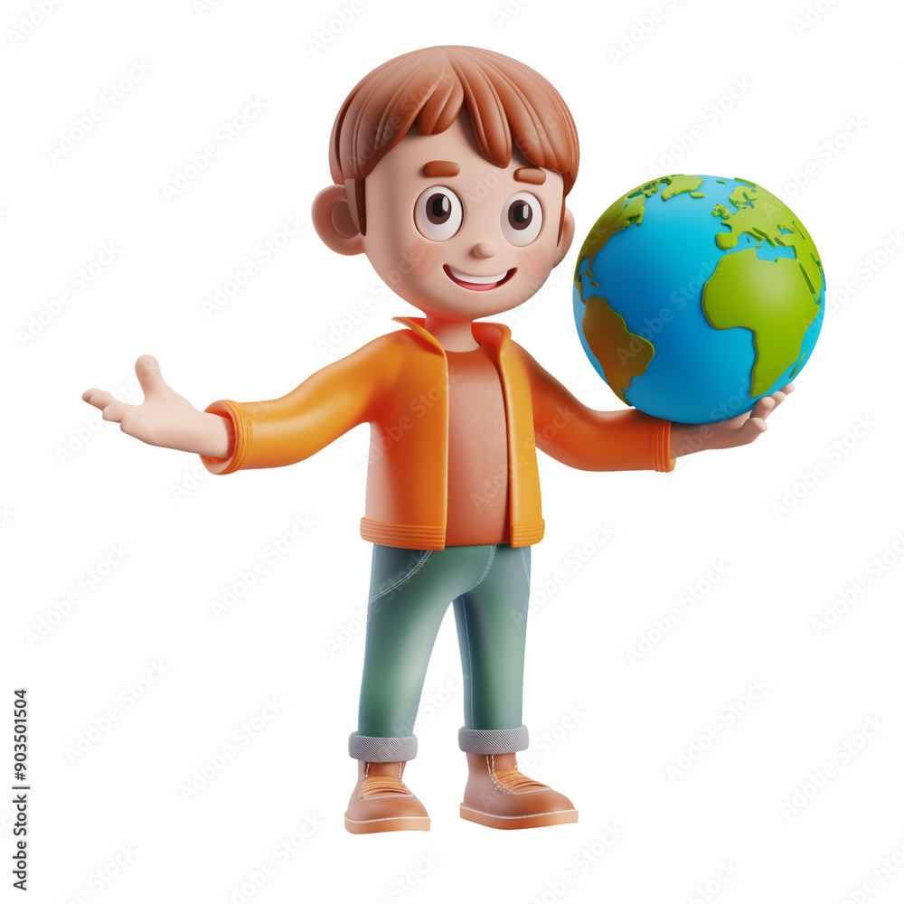 3D icon - boy presenting an Earth Globe, on isolated transparent background 3D icon - boy presenting an Earth Globe, on isolated transparent background