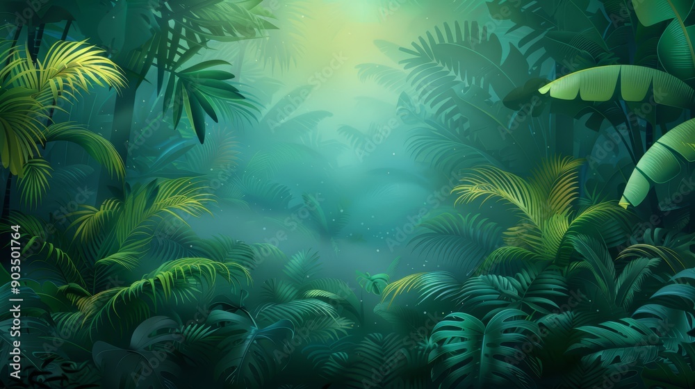 Sunrise in a dense, lush tropical jungle with vibrant green foliage and tall palm trees. Sunrise in a dense, lush tropical jungle with vibrant green foliage and tall palm trees.